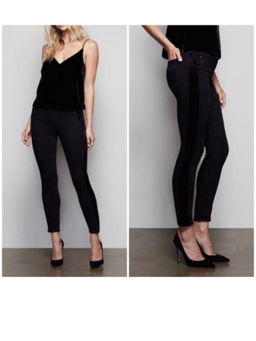 Good American Black Skinny High-Rise Jeans Black Velvet Pin Stipe
